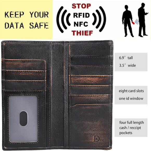 Hand Burnished Skull Long Wallet – RFID Blocking Full Grain Leather For Men's - Picture 3 of 6